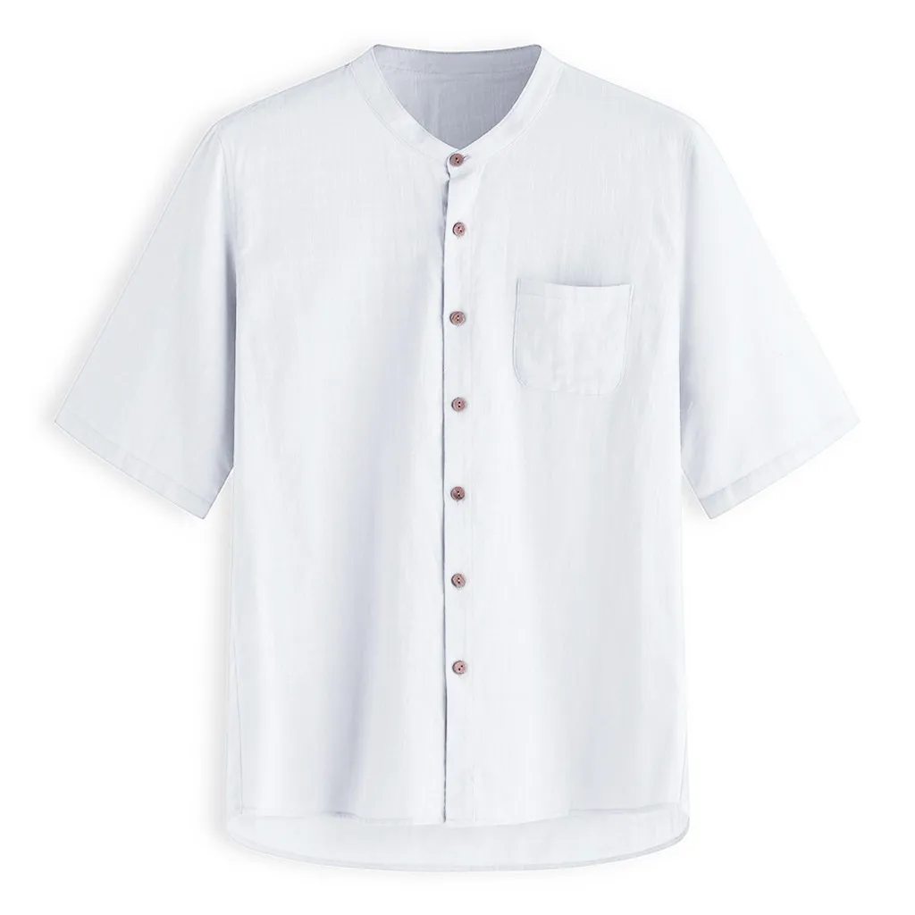 Повседневные рубашки из хлопка и льна, летние однотонные рубашки, мужские рубашки с коротким рукавом, гавайская рубашка, дышащая одежда размера плюс, крутой Белый Топ цвета хаки