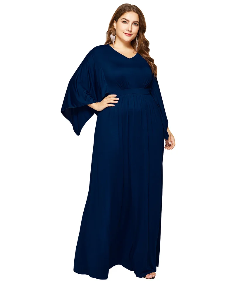 Женское осеннее платье большого размера, винтажное свободное платье в пол, макси платья большого размера s, однотонное синее платье с v-образным вырезом и длинным рукавом 3XL 4XL - Цвет: RL6038-Deep Blue