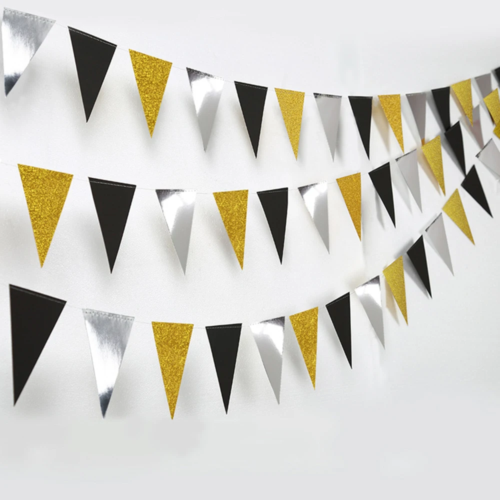 

HAOCHU 3meters Wedding Decoration Nordic Black Silver Paperboard Banner Glitter Golden Garland New Year Party Supplies 26 flags