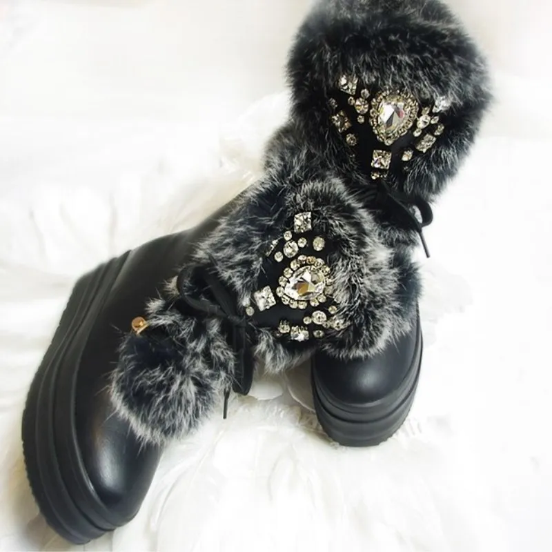 Ручной работы из натурального кроличьего меха, зимние белые сапоги Стразы драгоценный камень для снежной погоды; женская плотная теплая Высокая обувь Большие размеры 34–41