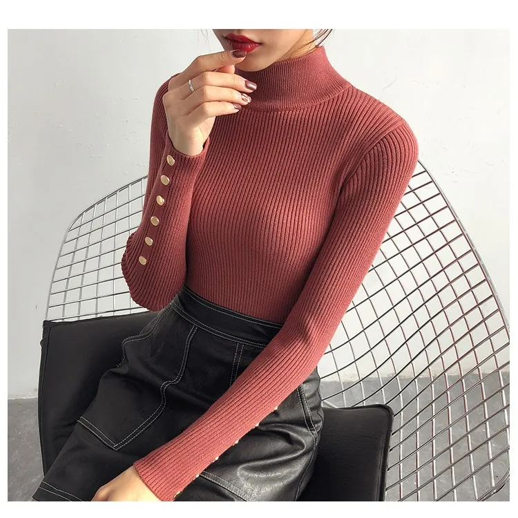 2018 11 Colors Autumn Women Button Turtleneck Knitted Pullovers Full Casual Long Sleeve Solid Basic Sweaters Sweaters