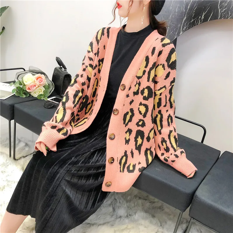 

Women Leopard sweater Coat spring and autumn Pink Leopard Vintage knitted sweater cardigan Resto Korean style female Long jacket
