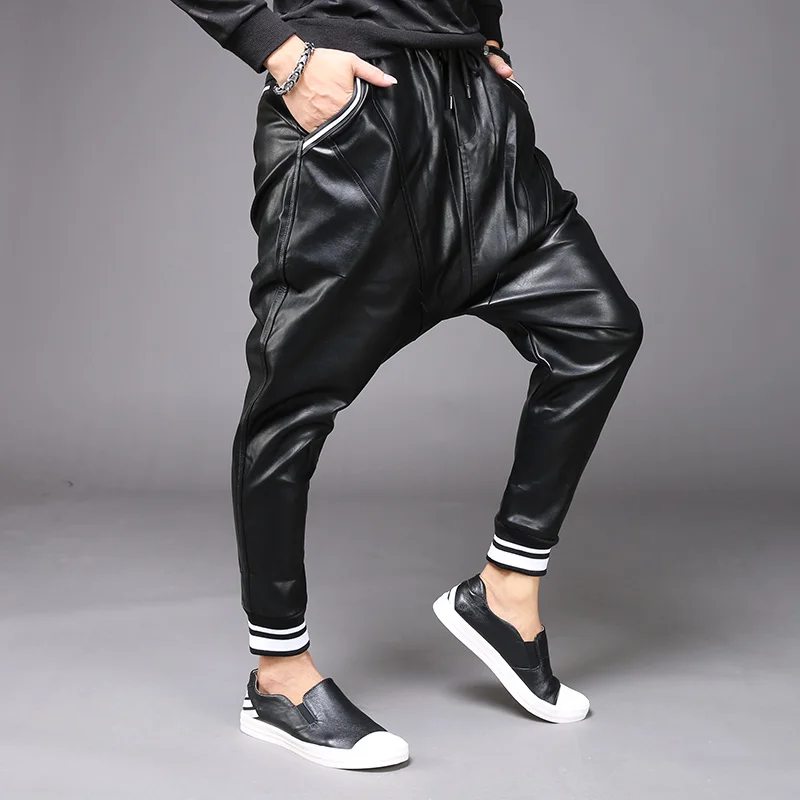 Casual leather pants male large size loose beam feet harem pants trend men's PU leather pants Korean motorcycle motorcycle pants