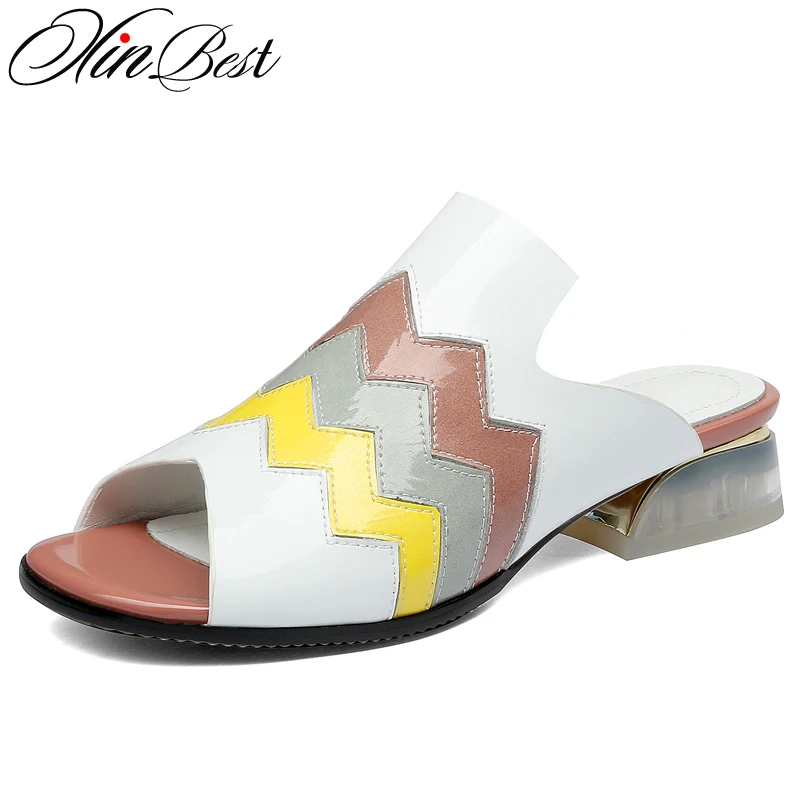 

Xinbest Fashion Mixed Colors Women Slippers Sexy Peep Toe Outdoor Elegant Summer Low Heel Shoes Square heel Square Toe Slippers