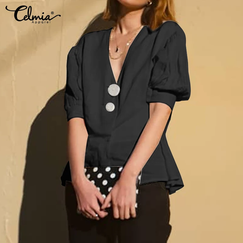 

Women Summer Tops and Shirts 2019 Celmia Solid Buttons Sexy V-Neck Short Sleeve Blusas Plus Size Elegant Office OL Work Blouse