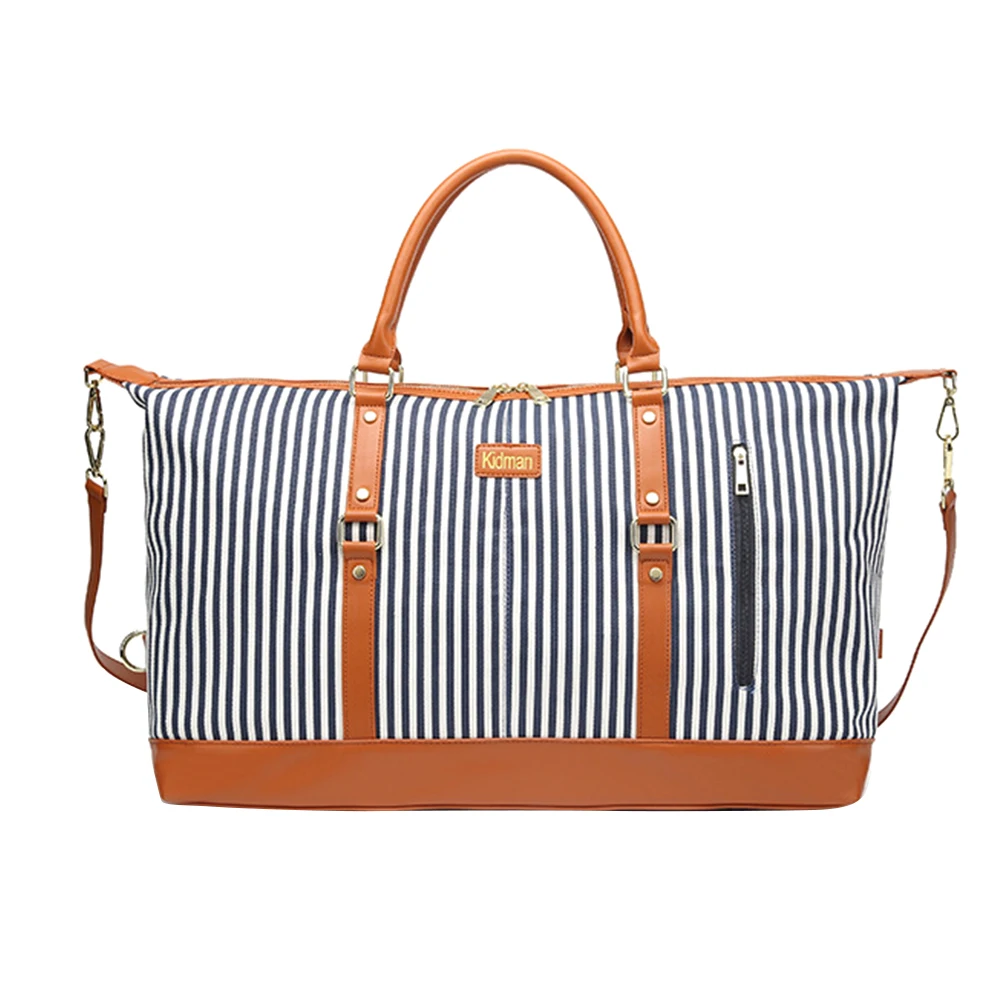 

Women Multipurpose Duffel Bag Canvas Casual Stripe Travel Bag Fashion Zipper Trim Suitcase Adjustable Strap Large Capacity Tote~