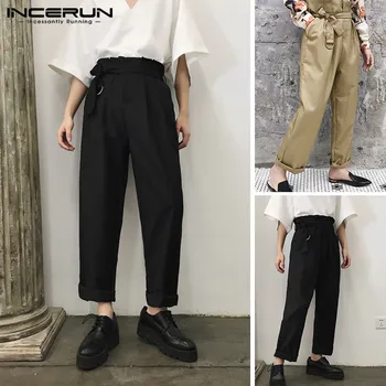 

Vintage High Waist Men Casual Pants With Belt Solid Joggers Loose Streetwear 2019 Straight Pants Trousers Men Plus Size INCERUN