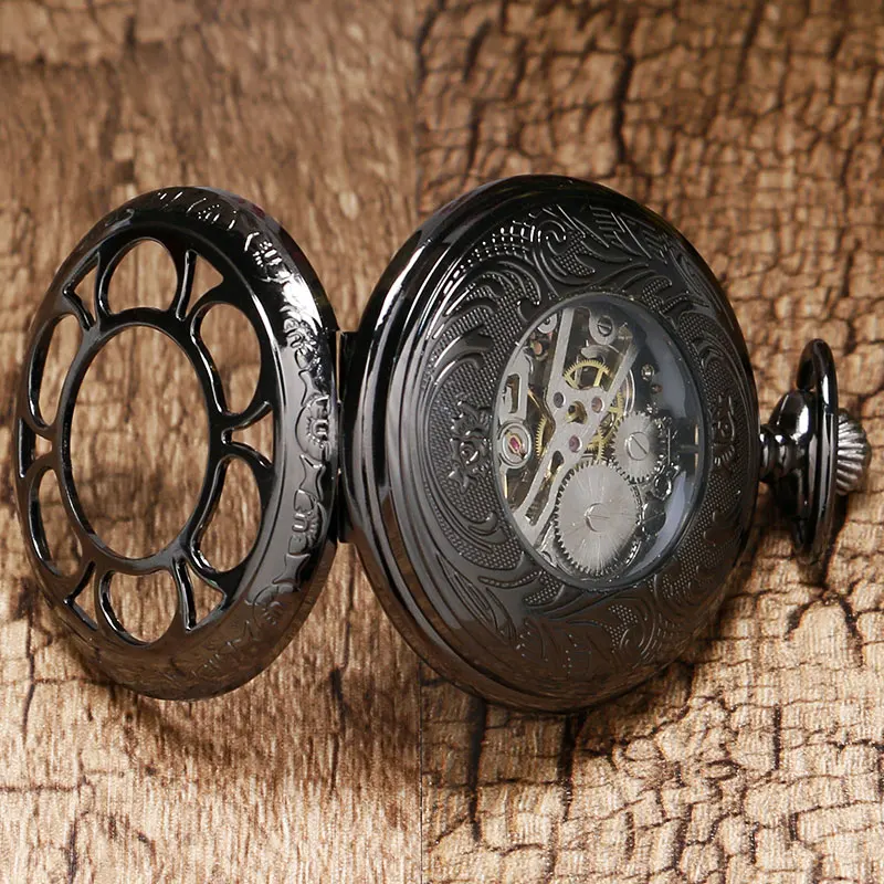 Luxury Steampunk Hollow Skeleton Mechanical Pocket Watch Roman Numerals Dial Vintage Fob Chain Pendant Clock Men 5