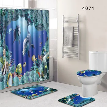 

NEW HOT SALES 8 Types 4Pcs Set Bathroom Non-Slip Pedestal Rug + Lid Toilet Cover + Bath Mat+Shower Curtain