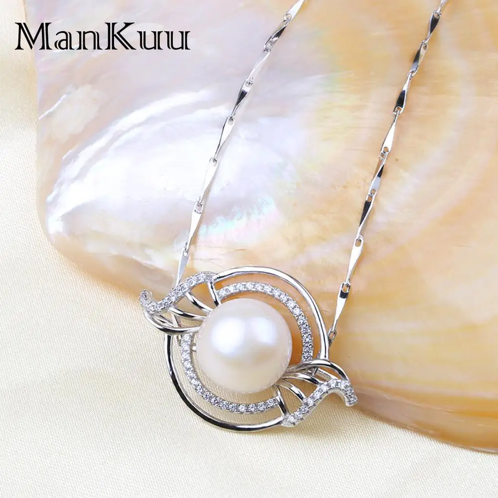 ManKuu 925 Sterling Silver Pendant Round Shape 9-10mm Freshwater Pearl Pendant Necklace Mirco Pave Diamond Necklace For Women Fine Jewelry
