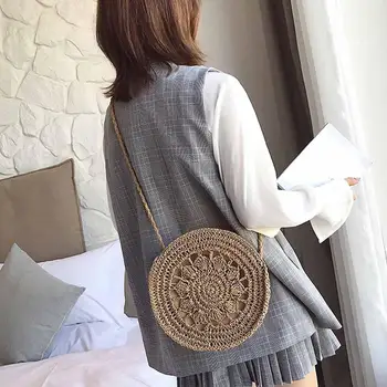 

Hand-woven Round Woman Shoulder Bag Handbag Bohemian Summer Straw Beach Bag Travel Shopping Female Tote Crossbody Bags