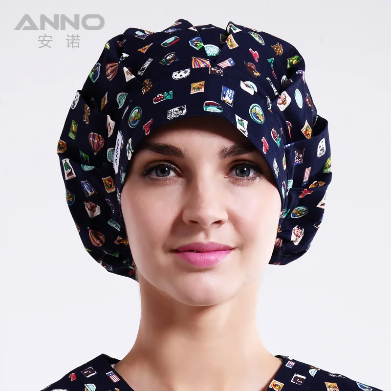 

Blue Stamp pattern printing Bon Cap scrub hats Women hats suitable for long hair with comfortable scrub caps women