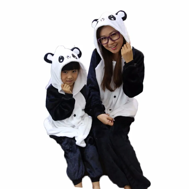 Зимняя Фланель Семья мама и дети женский единорог панда животных пижамы цельный девочка мальчик пижамы женщина с капюшоном домашней одежды мама дочка семейная одежда