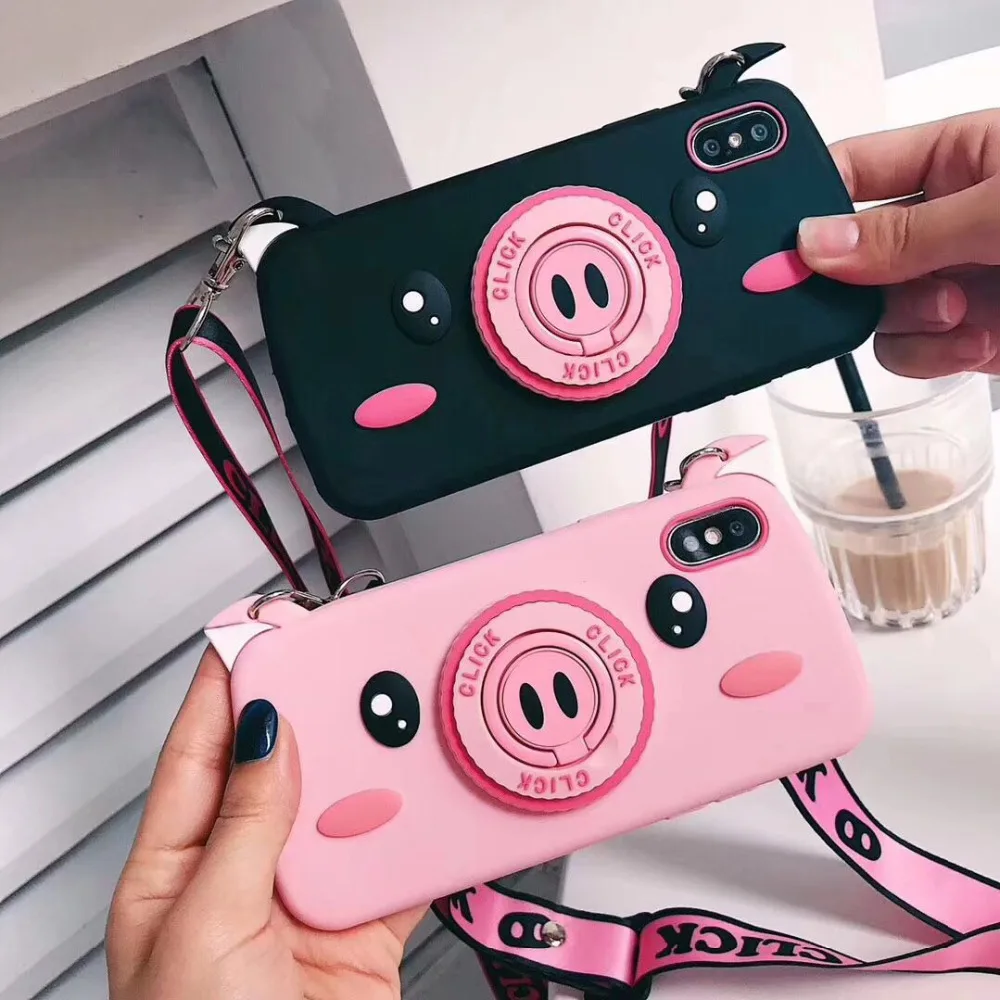 

With Lanyard Cute Camera pig pattern silicone case for iphone 5 6 7 8 plus cartoon fitted case for iphone Xs max Xr phone cover