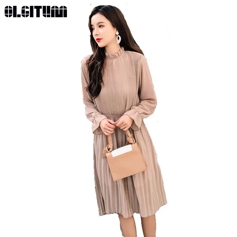 

New 2019 Spring Women Retro Long Paragraph Loose Large Size Long Sleeve Stand Collar Solid Chiffon Pleated Dress DR857