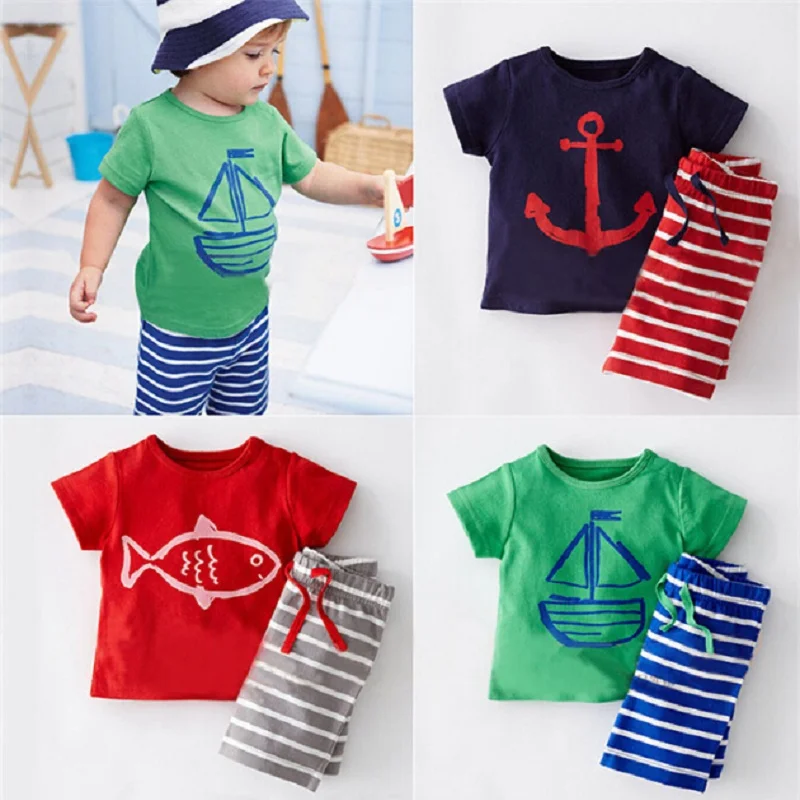 summer 2PCS Children boy clothes cotton short sleeve O-Neck T-shirts&tee+stripe shorts for 2-5Y kid boys casual clothing set
