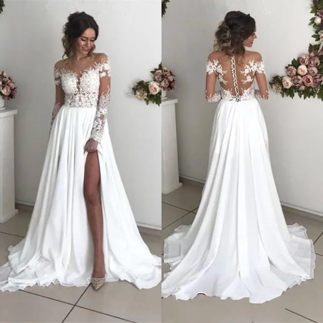 Robe De Mariage, длинные рукава, кружева, бохо, свадебные платья,, круглый вырез, открытая спина, Пляжное богемное шифоновое платье невесты, свадебные платья