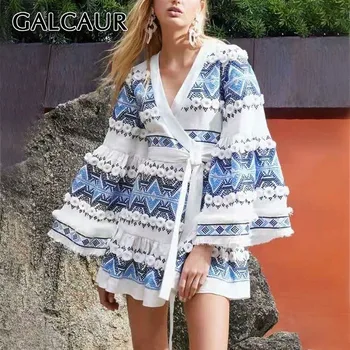 

GALCAUR Casual Print Mini Dress For Women V Neck Flare Sleeve High Waist Lace Up Short Dresses Female Fashion 2020 Summer New