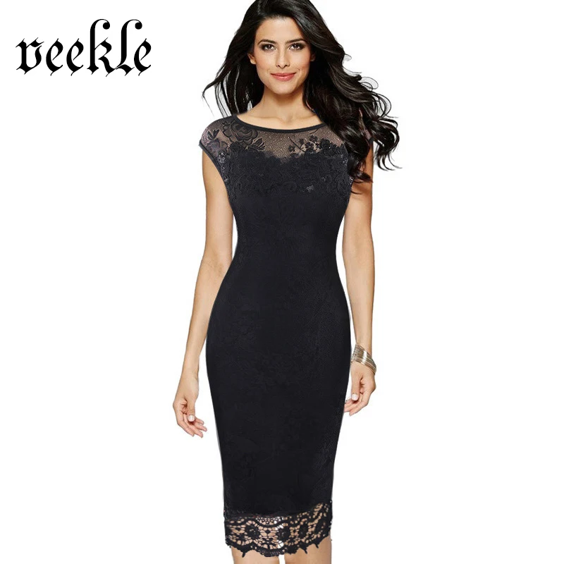 

VEEKLE New Arrival 2017 Spring Summer Office Dresses High Quality Lace Women Wear Work Dress Sleeveless Black Red Plus Size 5XL