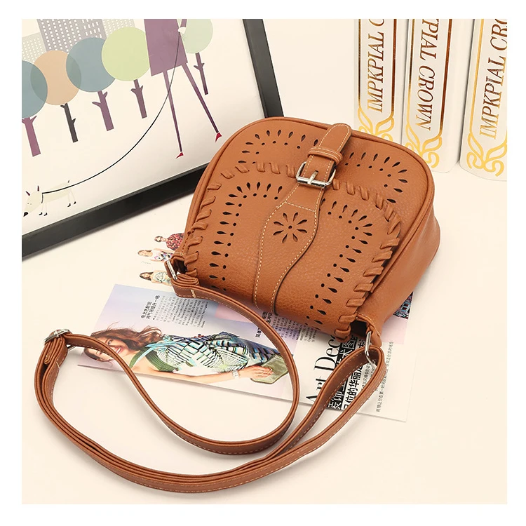 النساء الساخنة الرجعية جوفاء Crossbody حقيبة البني