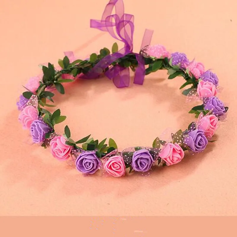 Красочные цветы ободок девушки женщины цветочный венок на голову аксессуары для волос невесты свадебный подарок Хэллоуин - Цвет: pink purple