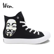 Вэнь для мужчин вулканическая обувь Дизайн Ручная роспись Черный Тонкие Туфли V для Вендетта холст педаль Платформа женщин Спортивная уличная