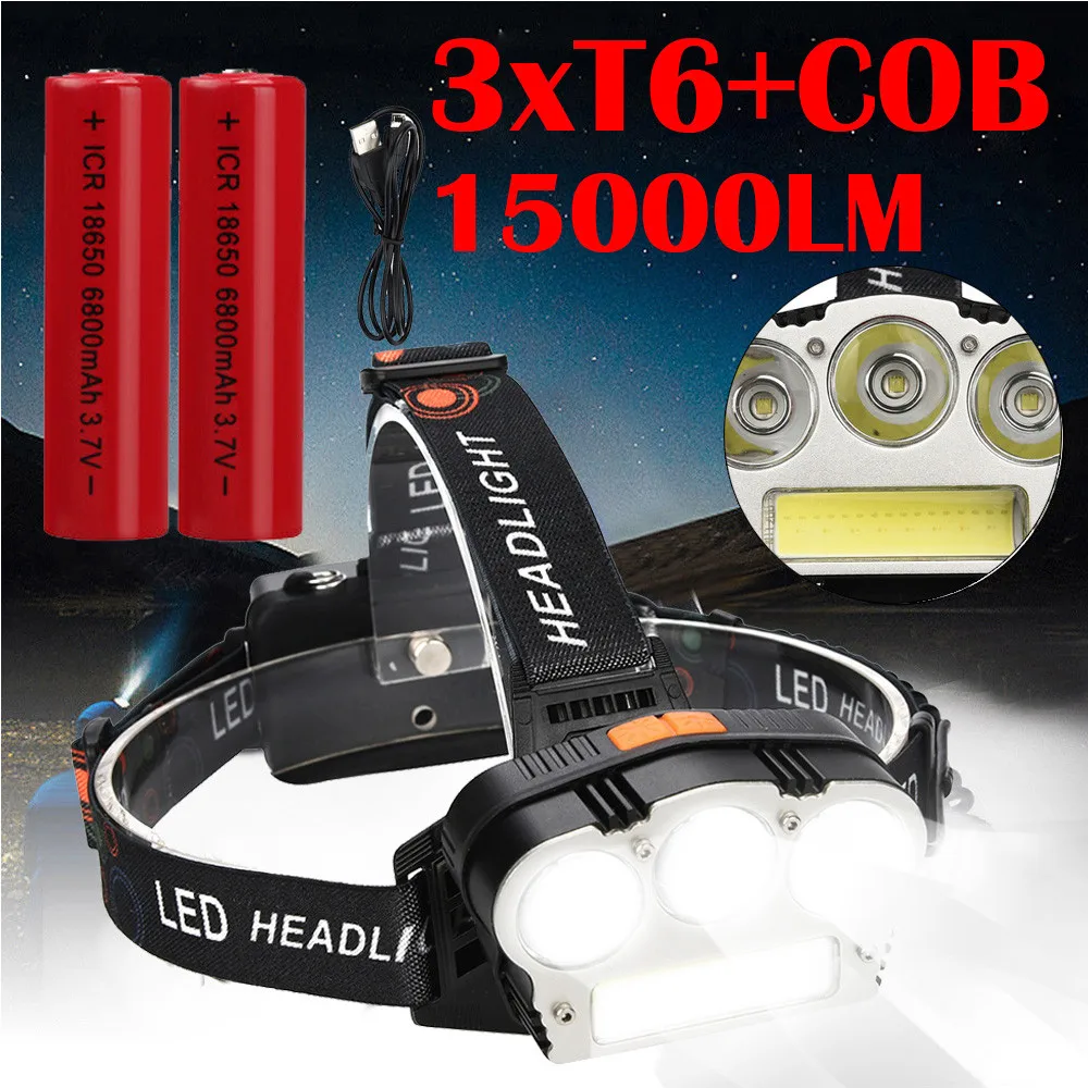 Excellent Headlight Body Motion Sensor Head Flashlight Camping 15000LM 3x XM-L T6 LED +1xCOB Rechargeable 18650 Headlamp Head Light Torch 4