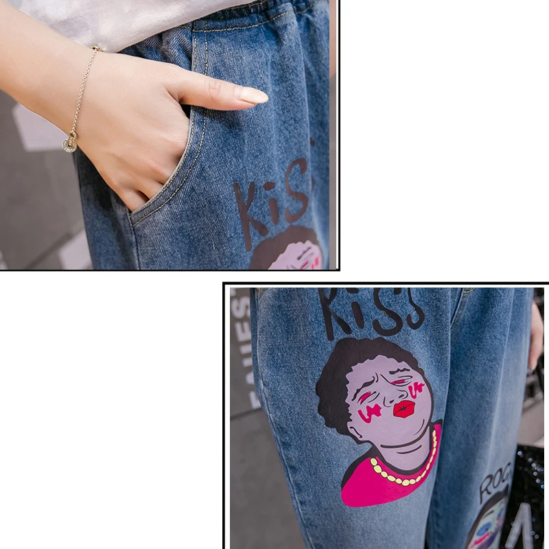 100Kg 5Xl Plus Size Women Jeans Elastic Waist Character Cartoon Print Jeans Casual Baggy High Waisted Mom Jeans Cintura Alta