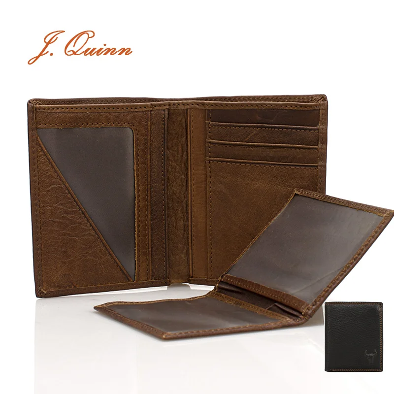 

J.Quinn Leather Wallet Genuine Cowhide 4 Photo Holder Credit Card Brown Black Short Wallets With Zippet Pocket Soft European