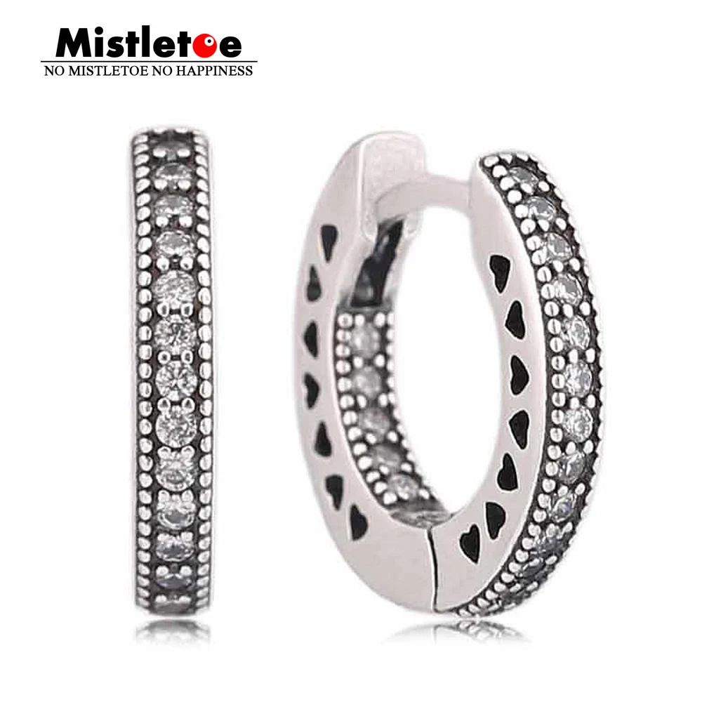 

Authentic 925 Sterling Silver Hearts of Mistletoe Hoop Earrings, Clear CZ Compatible with European Jewelry