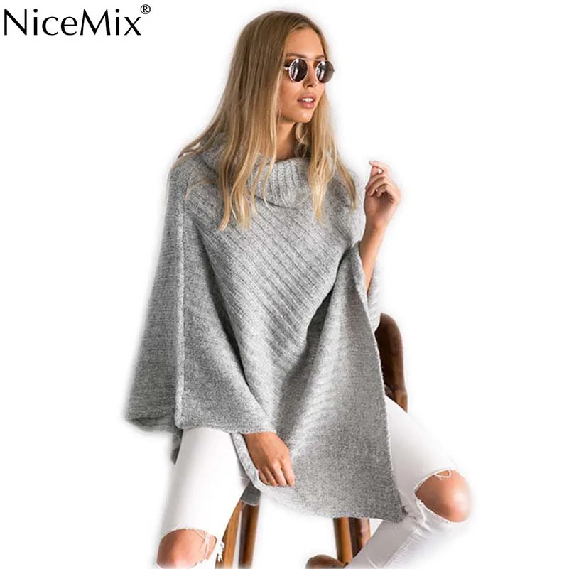 

NiceMix 2019 Autumn Poncho Women Turtleneck Sweater Pullover Cape Ladies Casual Batwing Sleeve Knitted Sweater Pullover Women