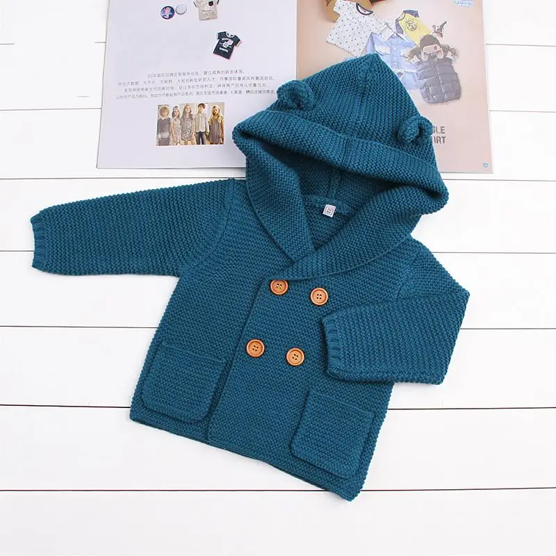 Вязаный кардиган для маленьких мальчиков, зимние теплые детские однотонные свитера, топы, пальто с капюшоном и длинными рукавами, верхняя одежда для маленьких мальчиков и девочек