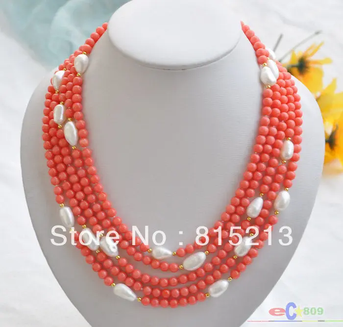 

ddh0065 natural 5row 17-21" pink coral bead white baroque pearl NECKLACE