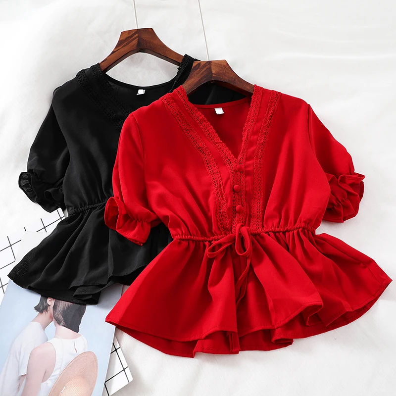 

Women V-Neck Flare Sleeve Lace Up Bandage Lace Flower Bow Shirt Casual Short Elastic Slim High Waist Button Ruffles Blouse Tops
