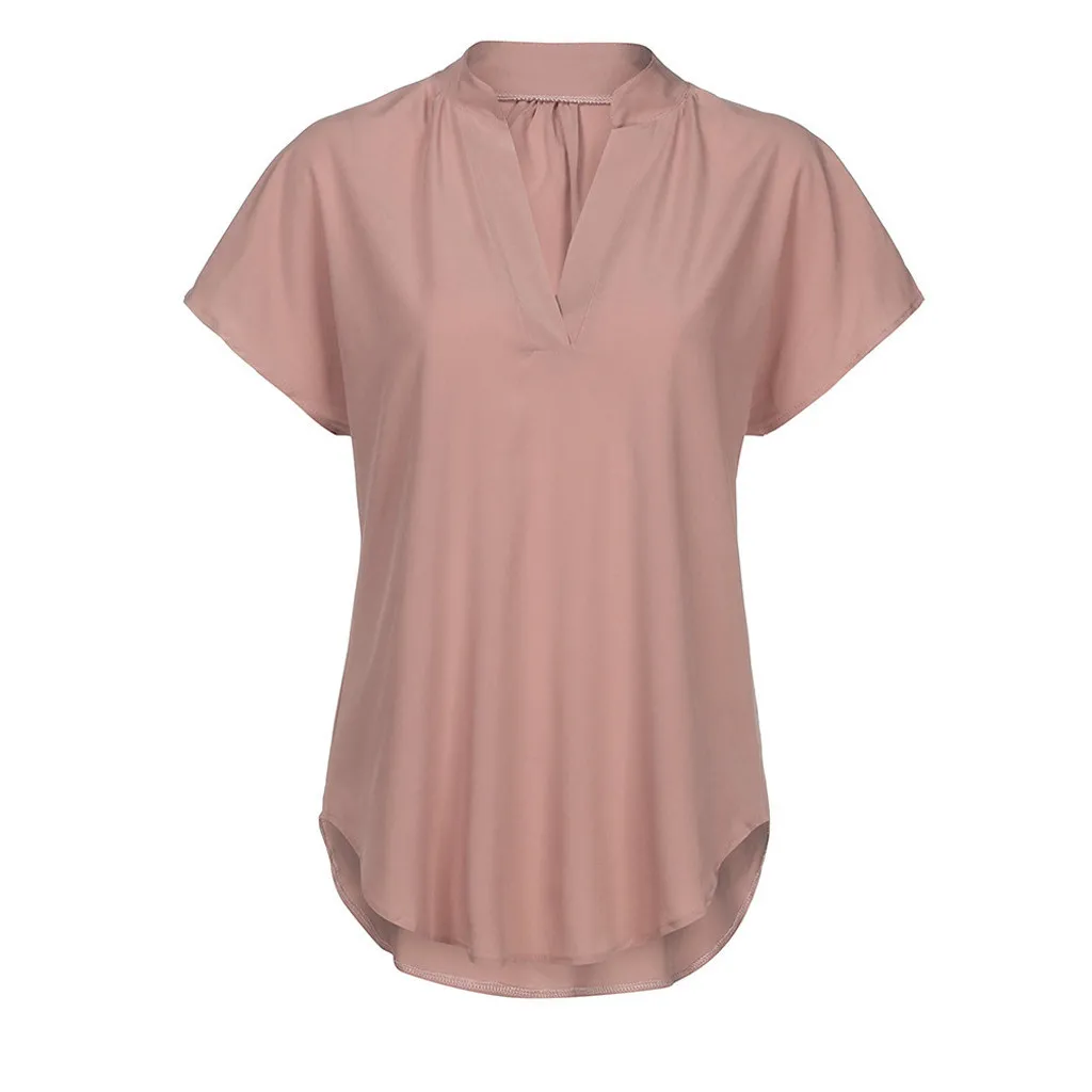Летняя однотонная шифоновая рубашка размера плюс S-5XL, Женская Сексуальная Повседневная рубашка с v-образным вырезом и коротким рукавом, топы, блузки, N4