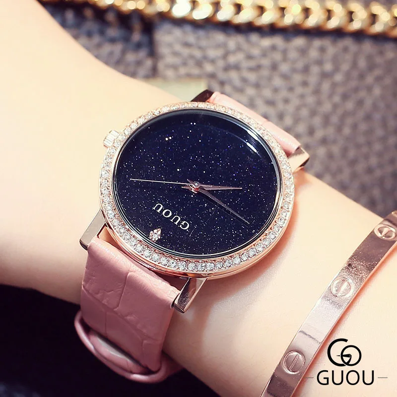 

GUOU Brand Fashion Women's Quartz Watches Ladies Wrist Watch Leather Belt Beauty Luxury Women Crystal Clock Bayan Kol Saati
