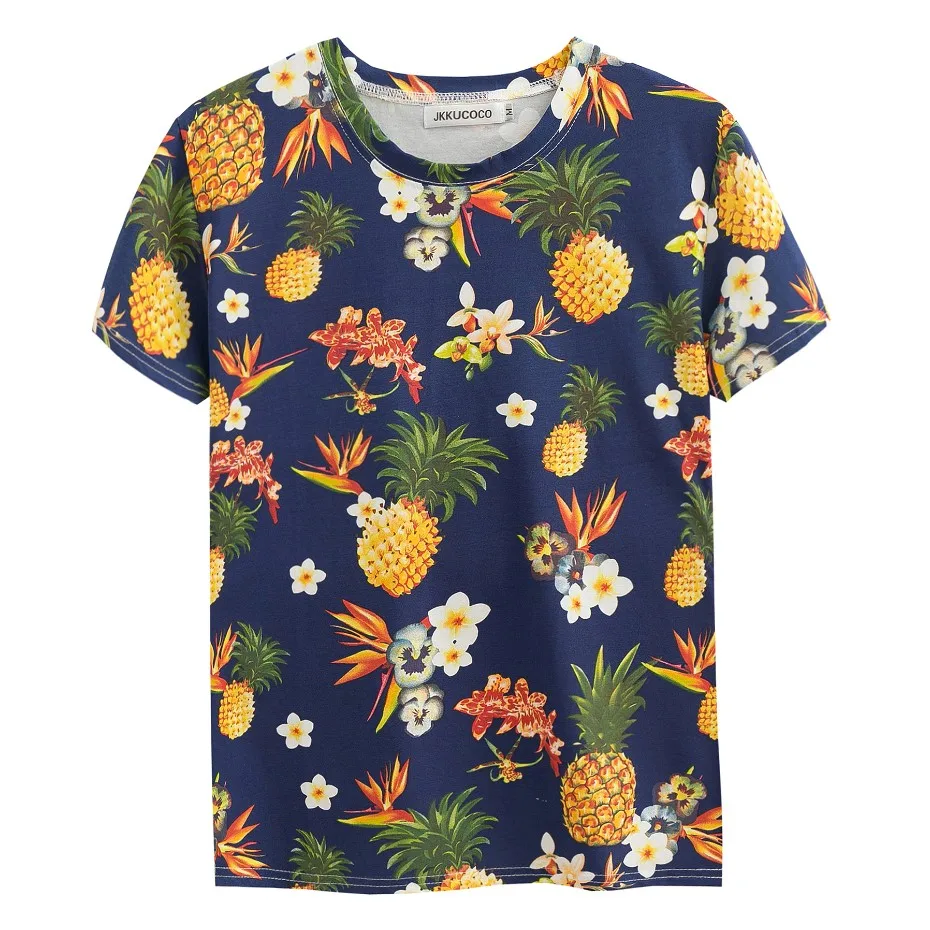 JKKUCOCO Newest Top Hot Tees Flowers Pineapple t-shirt Women t shirt Cotton Shirt Women Tops Short Sleeve Casual T-shirt 2 Color