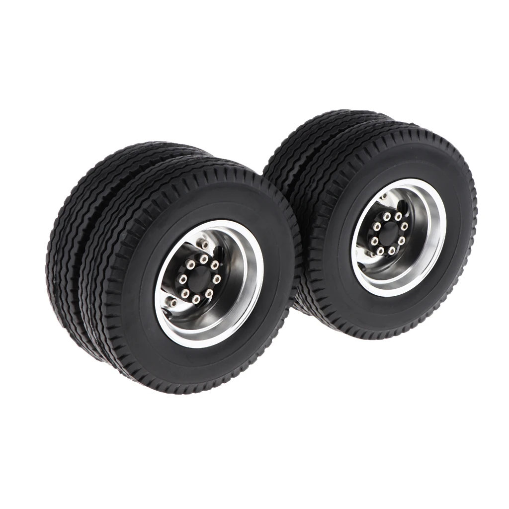 6PCS Machined Alloy Rear Front Hub Wheel Rim Type & Rubber Tire for 1/14 Scale Tractor Trucks RC Vehcile Vehicles Toy Parts