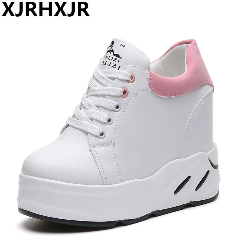 

2019 Fashion Brand Spring Women's 10cm High Platform Shoes Height Increasing Leather Shoes Thick Sole Trainers Lady Shoes Pink