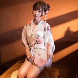 Женское японское кимоно пижамы сексуальное глубокое кимоно с v-образным вырезом атласная Цветочная ночная рубашка с принтом короткий