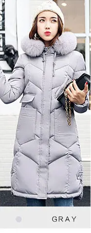Зимняя длинная куртка, Женское зимнее пальто, большой меховой воротник, с капюшоном, теплая парка, верхняя одежда, пуховики, хлопковые куртки, женские пальто размера плюс - Цвет: Серый