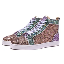 Moda Brilhante Lantejoula pano Homens Sapatos Casuais de Alta Top Rodada Toe Rendas Até Sapatos Formadores Marca Respirável Sapatos Tenis Feminino 46