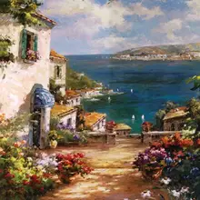 Средиземноморский Морской дом, дорожный пейзаж, картина маслом, картина на холсте, декоративная картина