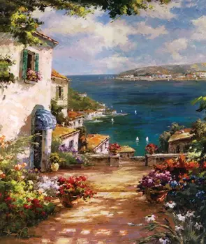 

free shipping mediterranean sea house road landscape impression seascape oil painting canvas prints on canvas decoration picture