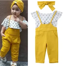 Летняя одежда для маленьких девочек с открытыми плечами короткий рукав рубашка с бретелями длинные брюки 3 шт. комплект одежды для маленьких девочек