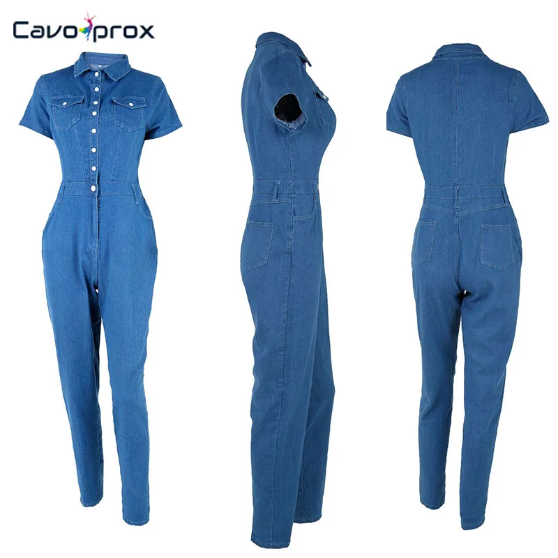 Для женщин пикантные карманный дизайн кнопки Petite Denim Комбинезоны с коротким рукавом синий плюс Размеры Street Wear узкие Летний комбинезон