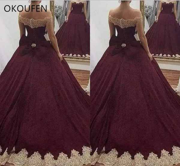 

2019 Burgundy Ball Gown Quinceanera Dresses Champagne Lace Train Bow Knot Sweet 16 vestidos de 15 debutante Off Shoulder Prom