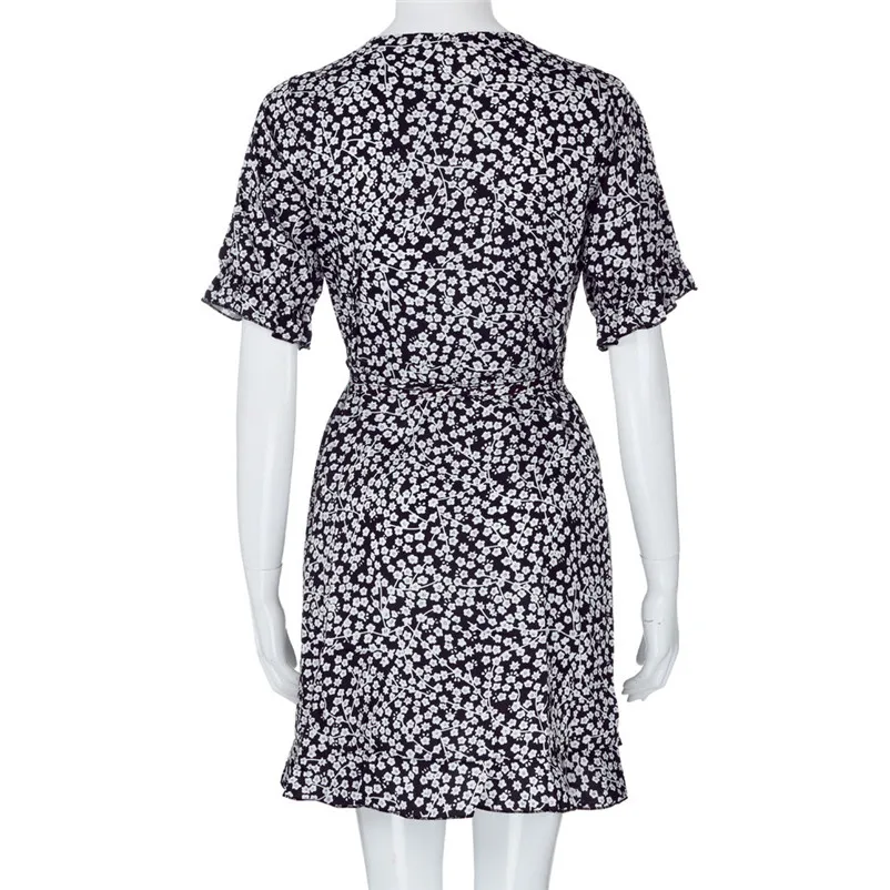 HOT summer dress 2018 beach dressWomen Floral Printed Short Sleeve V-Neck Summer Dress Beach Ruffled Skirt vestidos J19#N (7)