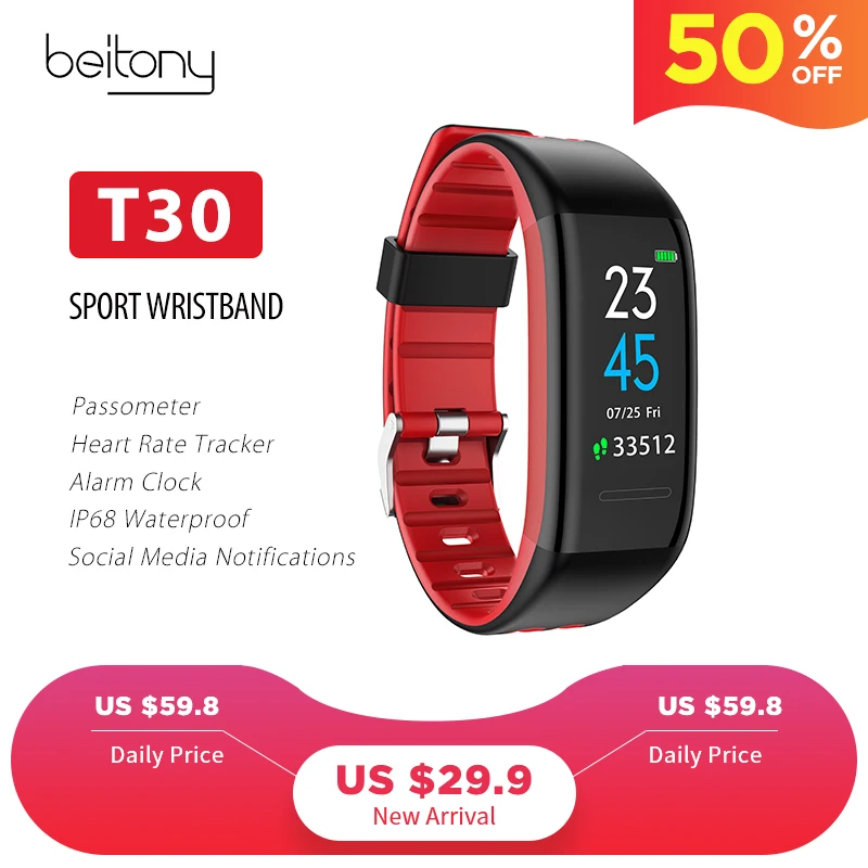 

Beitony T30 Smart Fitness Bracelet Color Screen Activity Tracker Heart Rate Sport Wristbands IP68 For Men Women Wearable Devices