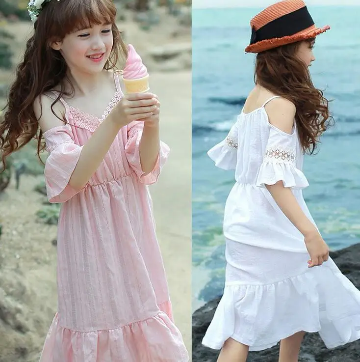 

2017 New Girls Shoulder Off Dress Hollow Cotton Good Quality Solid Colors Girls Beach Dresses 2-8 years